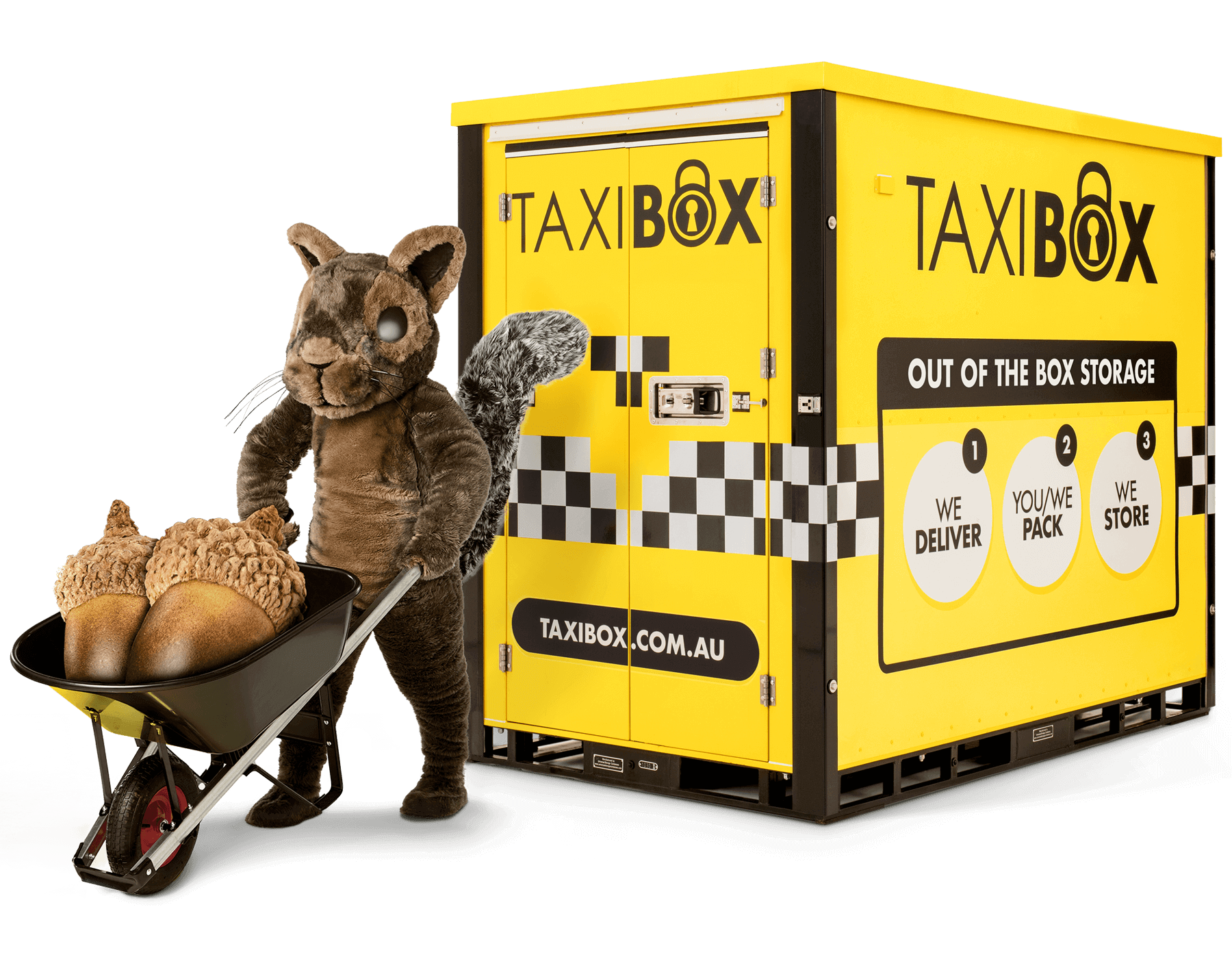 A squirrel pushing wheelbarrow standing next to a yellow TAXIBOX